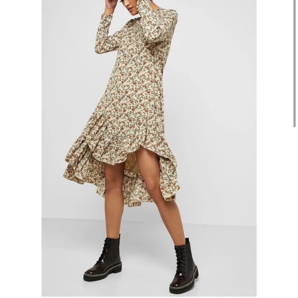 Ghospell violets floral print hi-lo ruffle midi dress NWOT